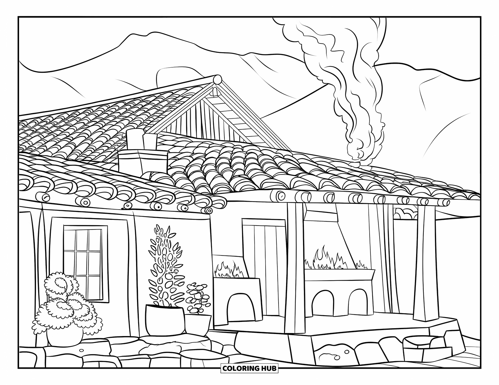 Guatemala Coloring Page for Adults: Highland house with clay tiles and potted plants rests near the mountains