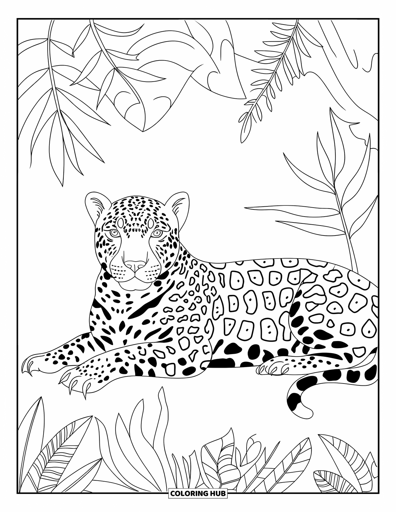 Guatemala Coloring Page for Adults: Jaguar with bold spots lounges in thick, leafy jungle growth