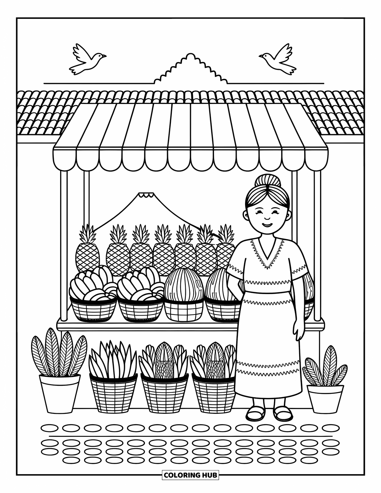 Guatemala Coloring Page for Adults: Market stall overflows with fruit and fabric, with a vendor in Mayan attire