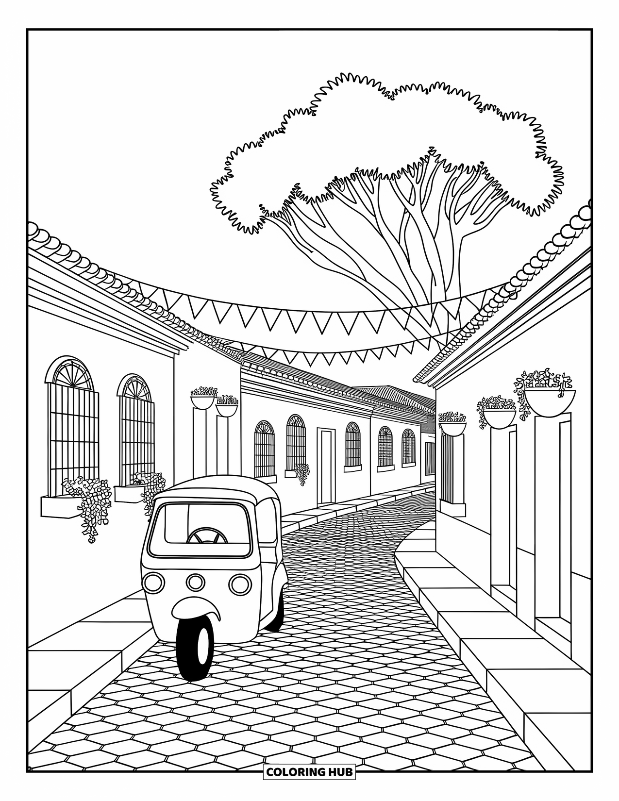 Guatemala Coloring Page for Adults: Narrow street with a tuk-tuk under a tree and decorative banners overhead