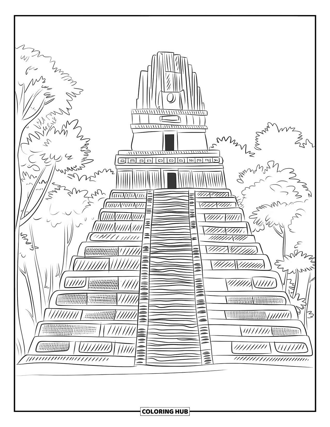 Guatemala Coloring Page for Adults: Temple with stone steps stands tall beneath a thick jungle canopy
