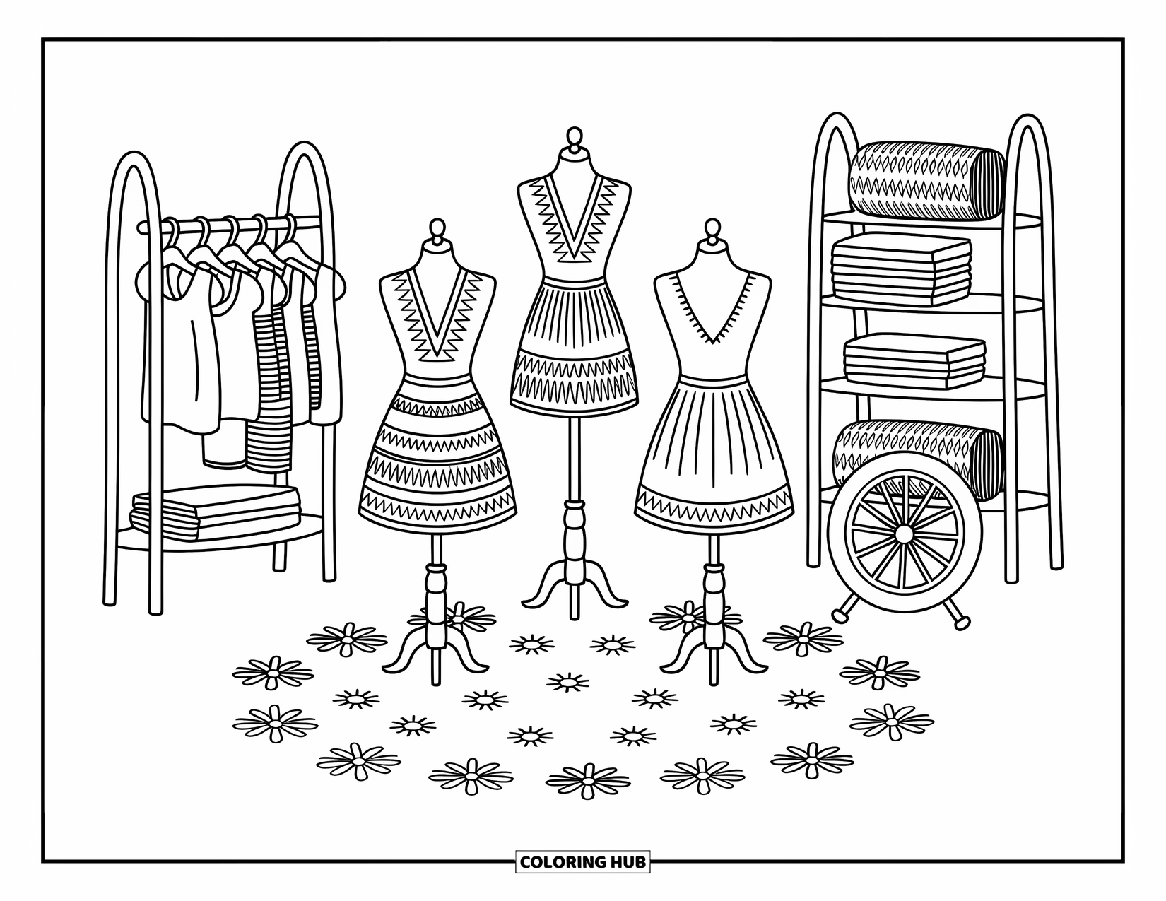 Guatemala Coloring Page for Adults: Three mannequins in folk garments pose amid folded cloth and delicate flower details