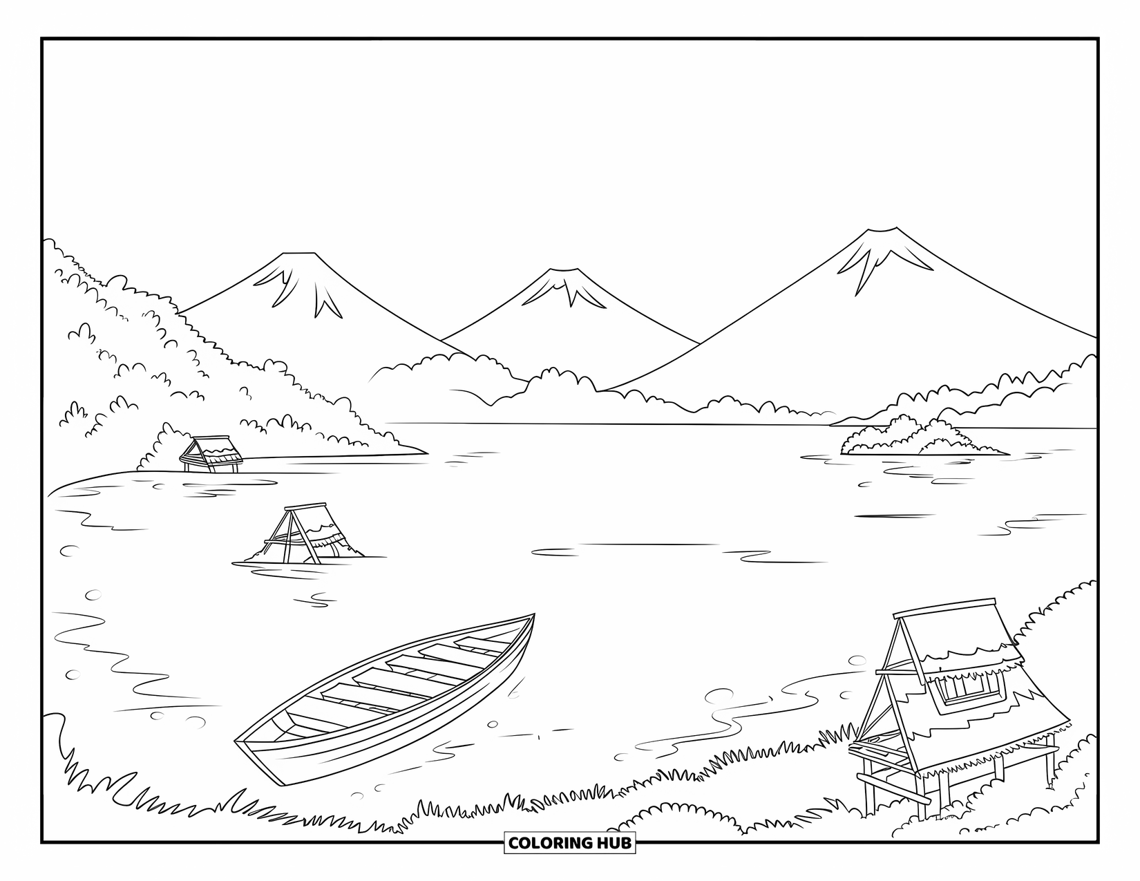 Guatemala Coloring Page for Kids: A calm boat floats near Lake Atitlán's towering volcanoes