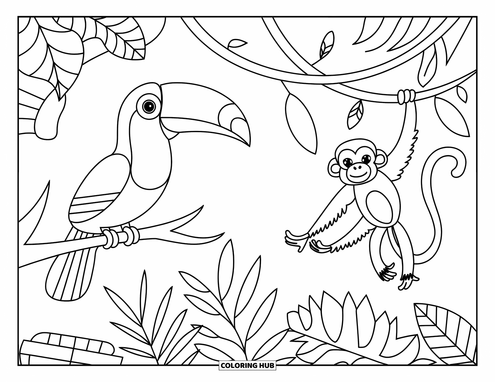 Guatemala Coloring Page for Kids: A toucan and monkey play among thick jungle leaves and vines