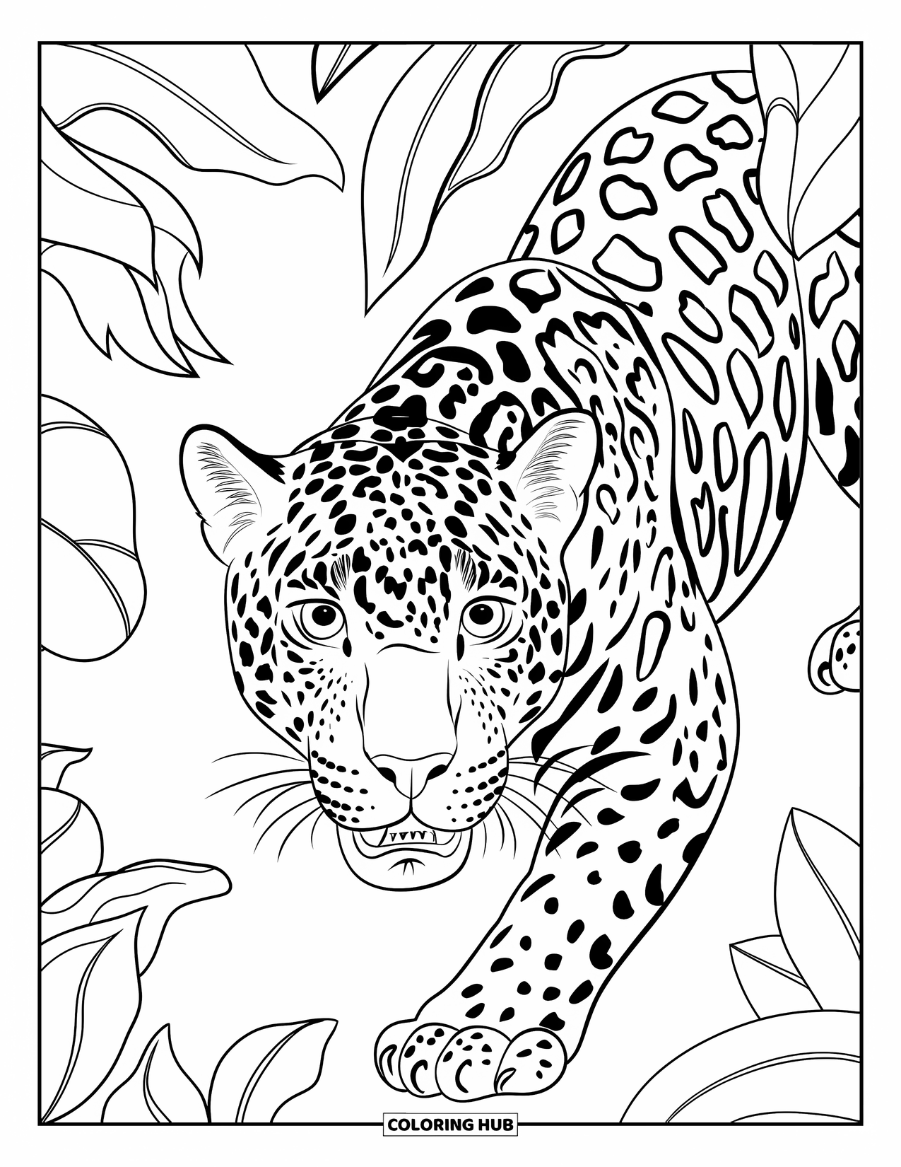 Guatemala Coloring Page for Kids: Alert jaguar watches from deep in the jungle