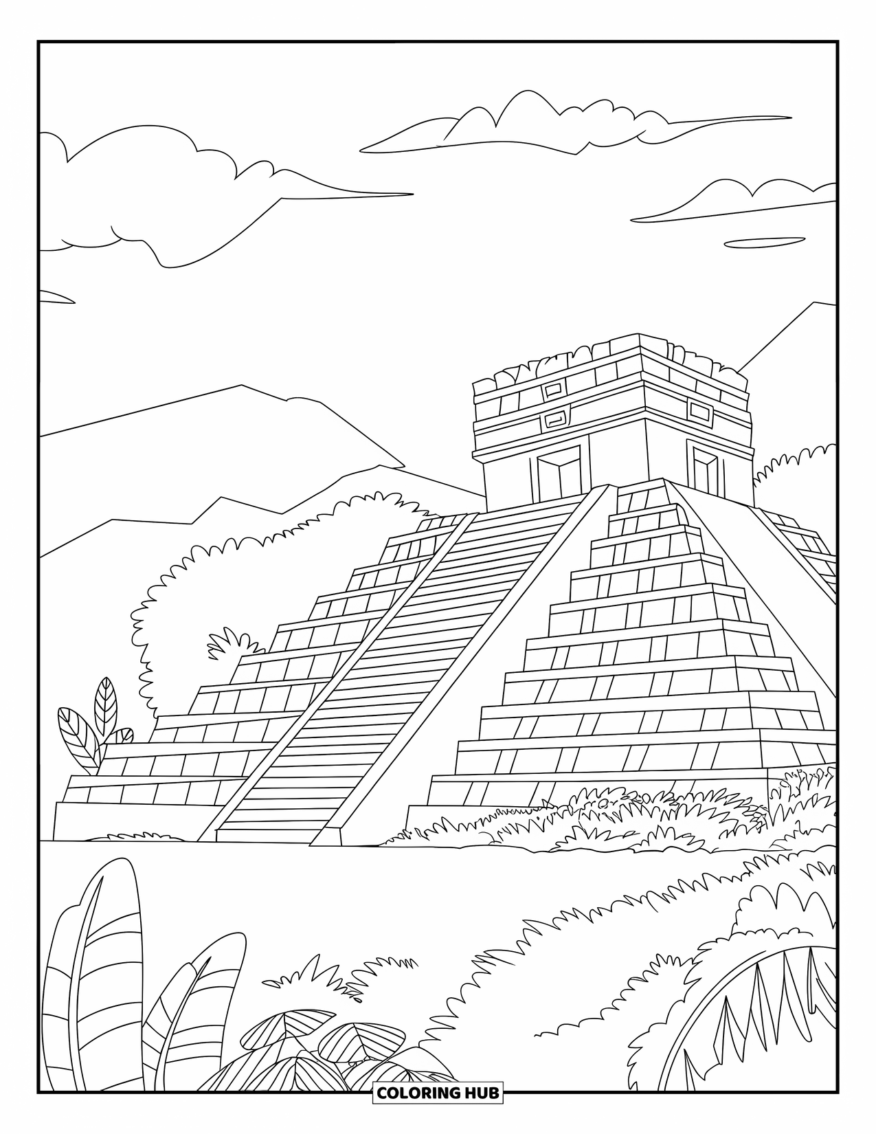Guatemala Coloring Page for Kids: Ancient temple with greenery and cloudy skies behind