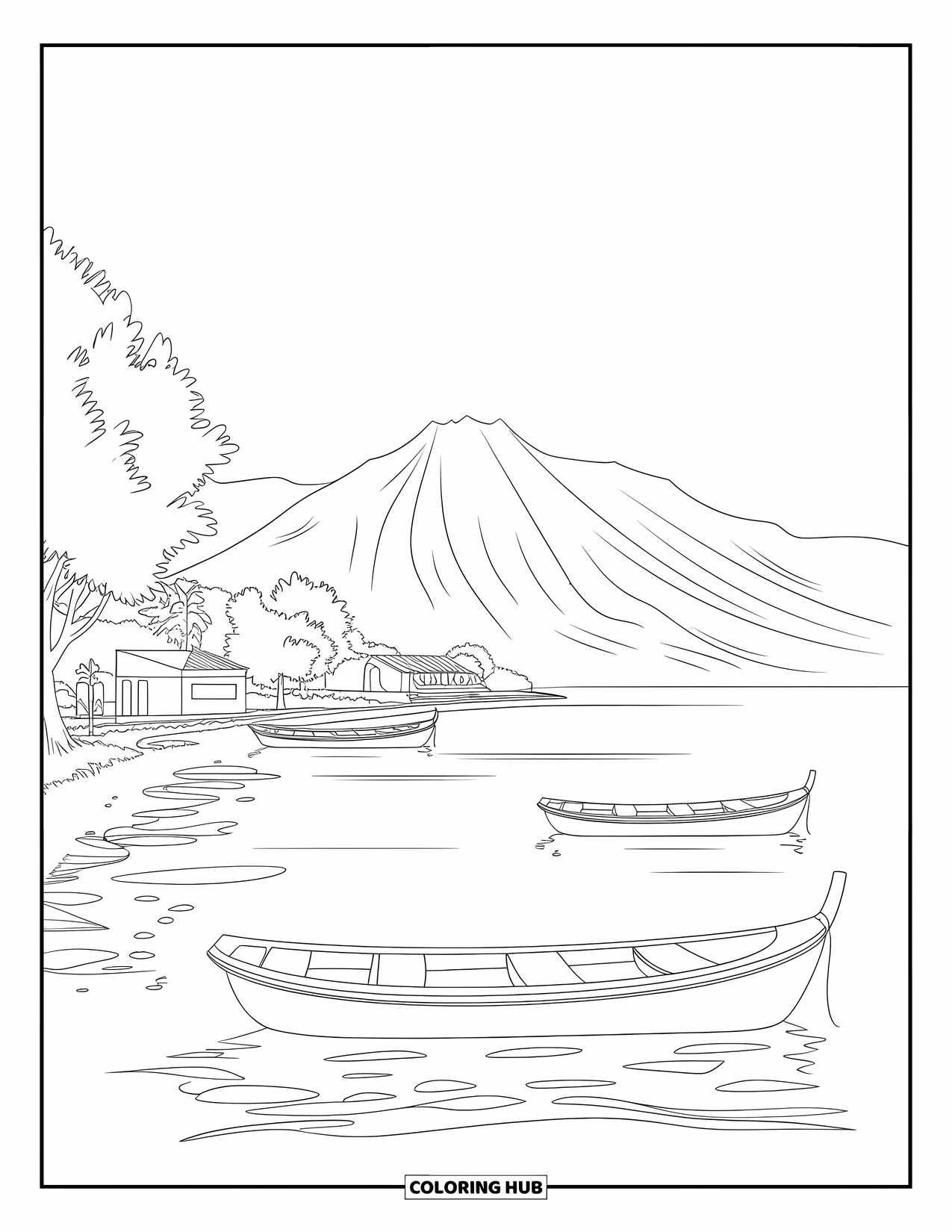 Guatemala Coloring Page for Kids: Boats float peacefully on Lake Atitlán, with mountains in the background