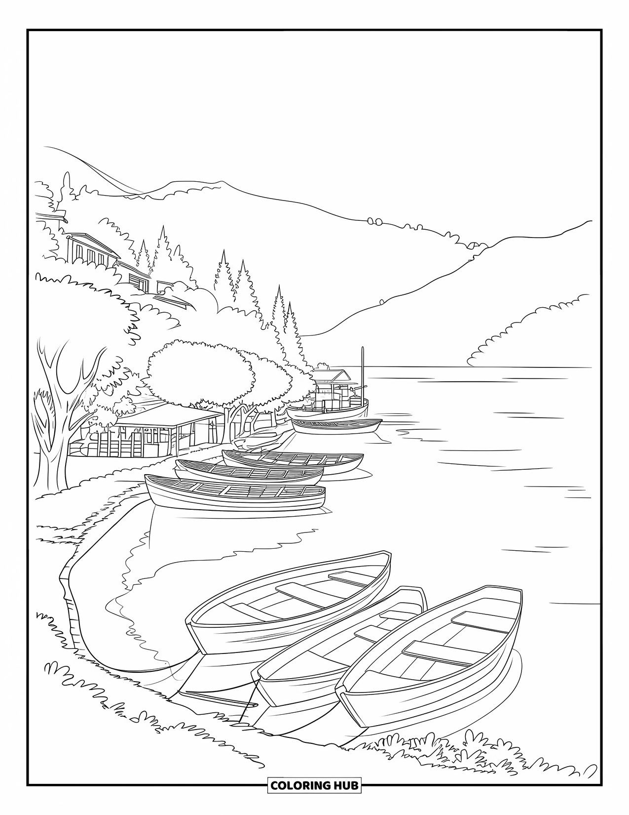 Guatemala Coloring Page for Kids: Calm waters, distant mountains, and anchored boats at Lake Atitlán