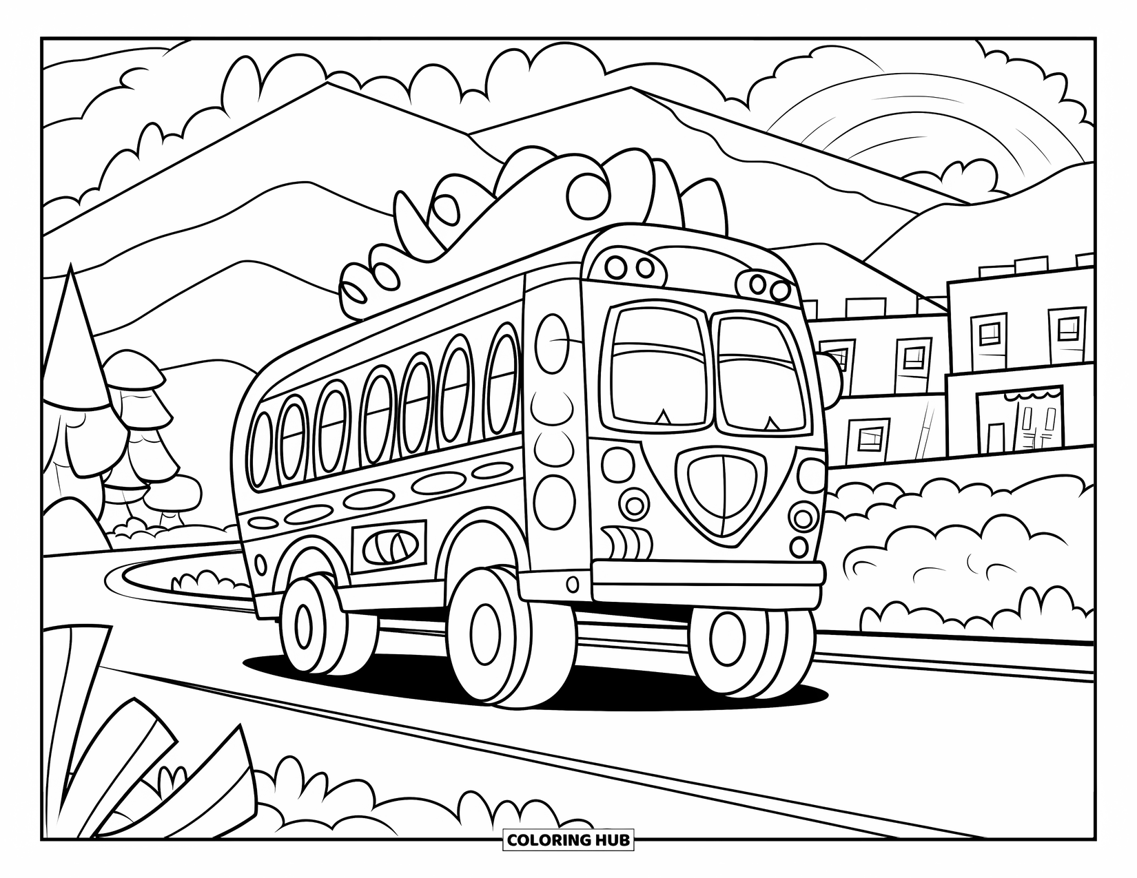Guatemala Coloring Page for Kids: Chicken bus parked with rainbow skies and mountains behind
