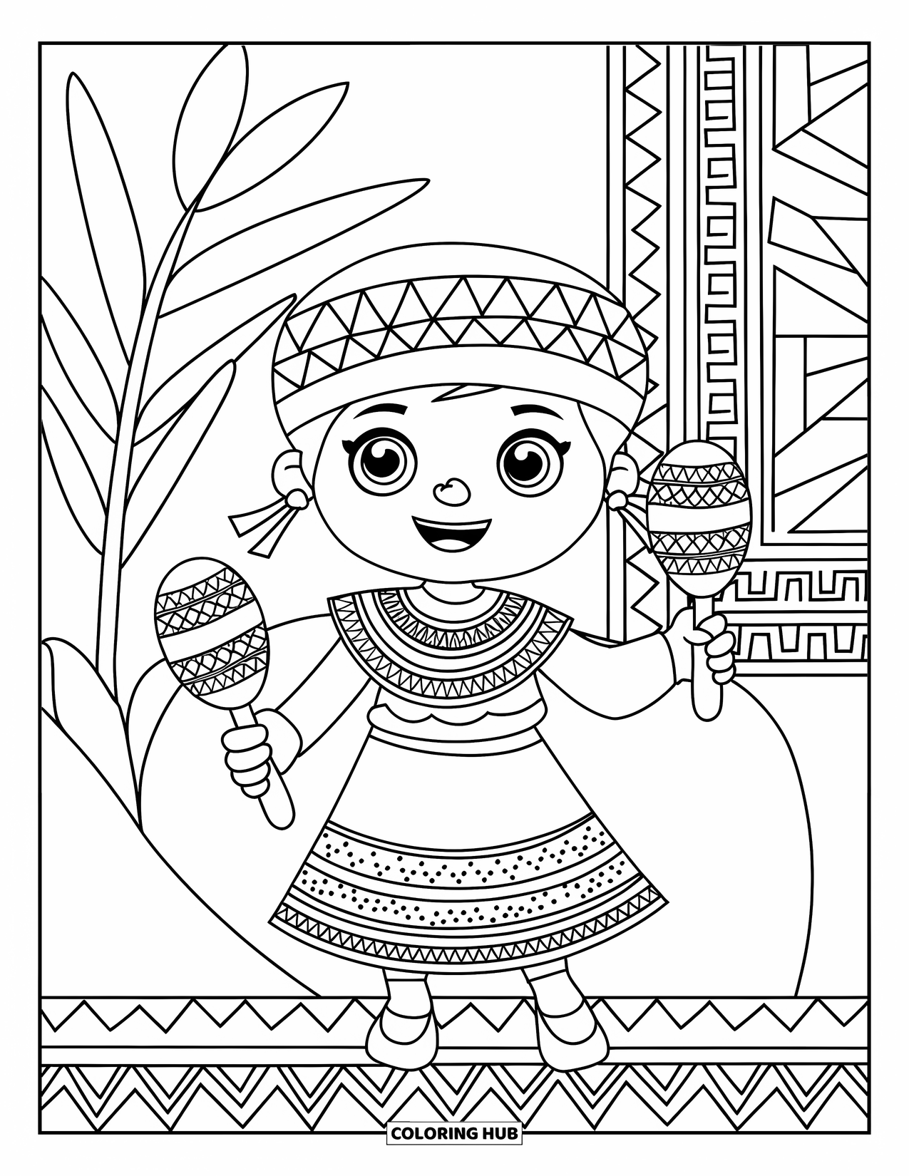 Guatemala Coloring Page for Kids: Child in traditional dress shakes maracas near a potted plant