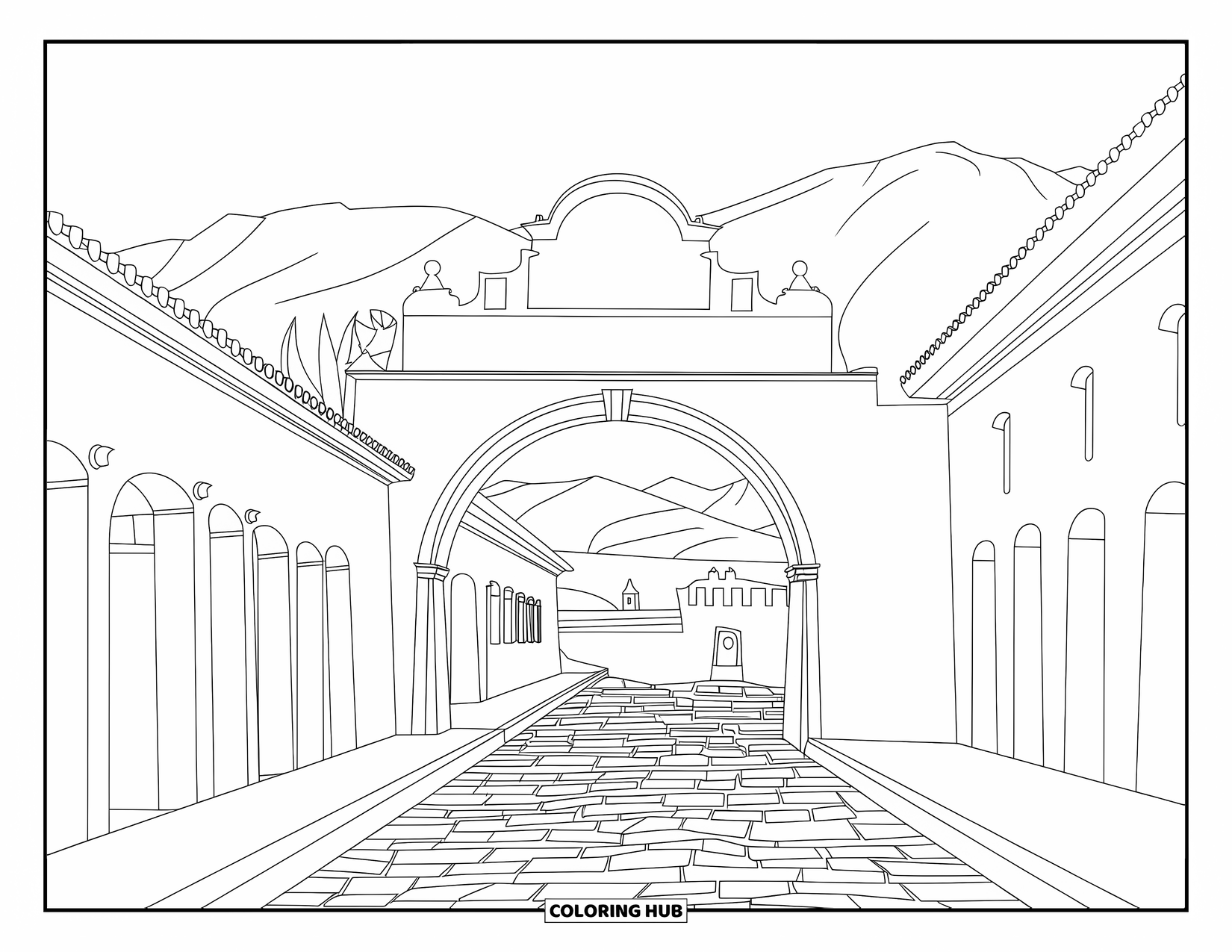 Guatemala Coloring Page for Kids: Colonial archway with cobblestone streets and mountains in the distance