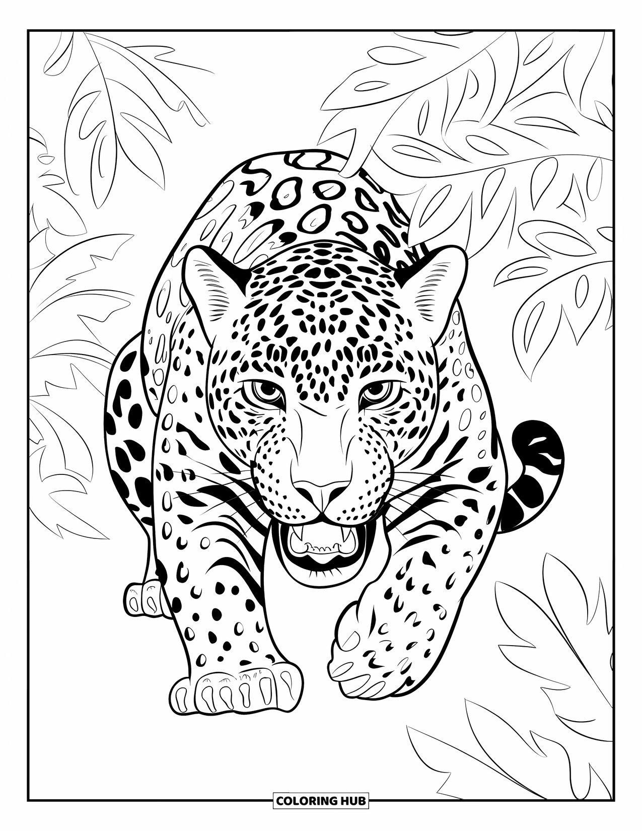 Guatemala Coloring Page for Kids: Fierce jaguar with bared teeth hides in leafy undergrowth