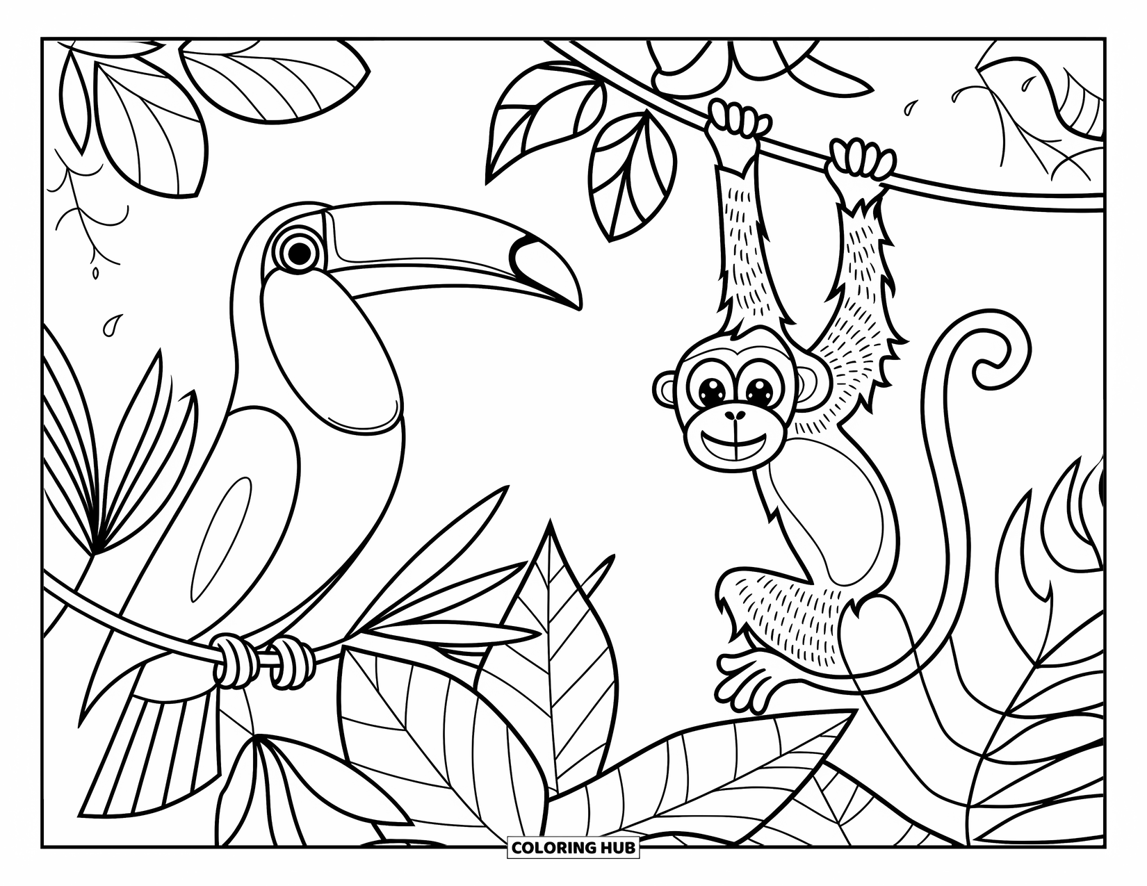 Guatemala Coloring Page for Kids: Jungle animals rest among bold, leafy tropical plants