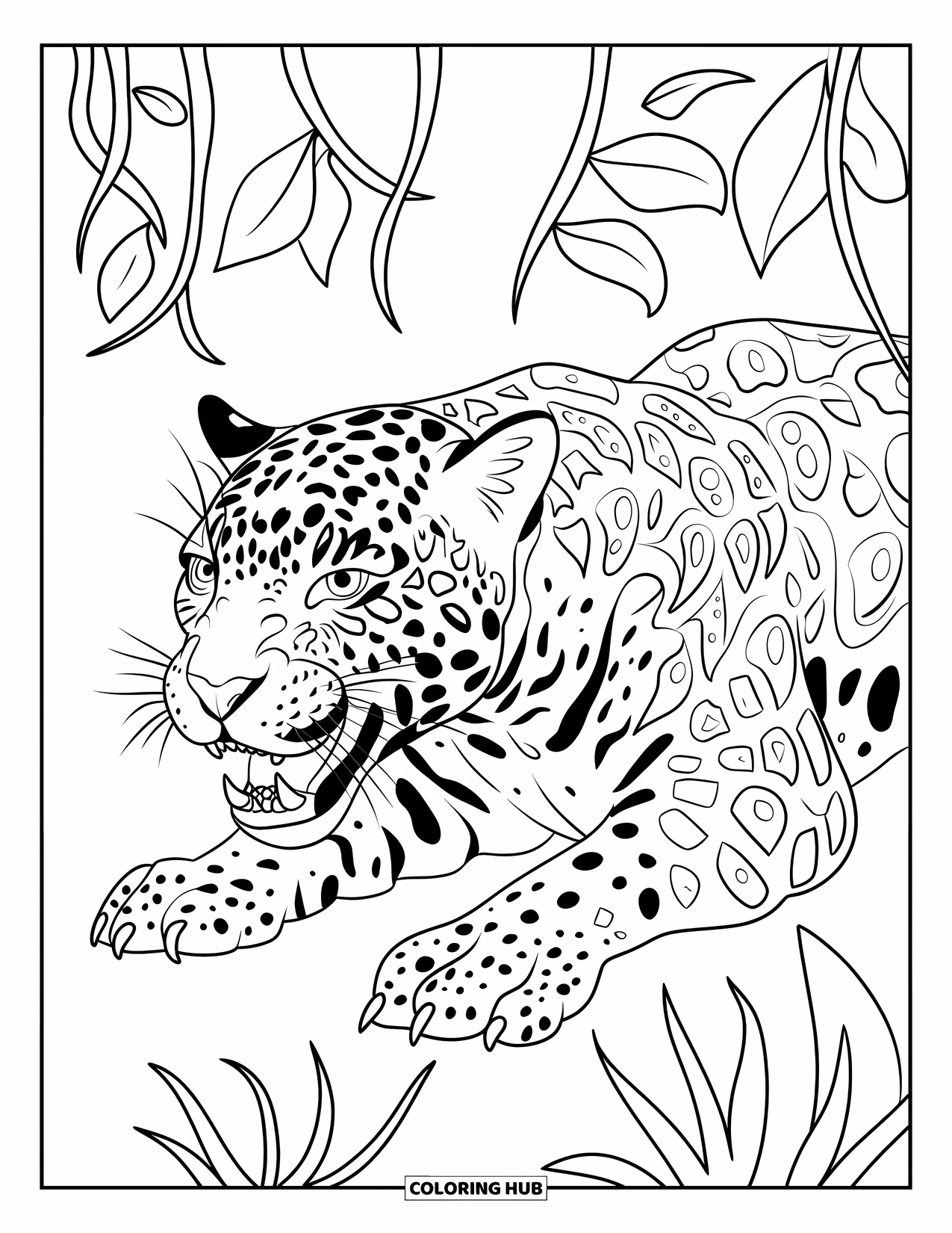 Guatemala Coloring Page for Kids: Jungle jaguar crouches with wide eyes and sharp teeth
