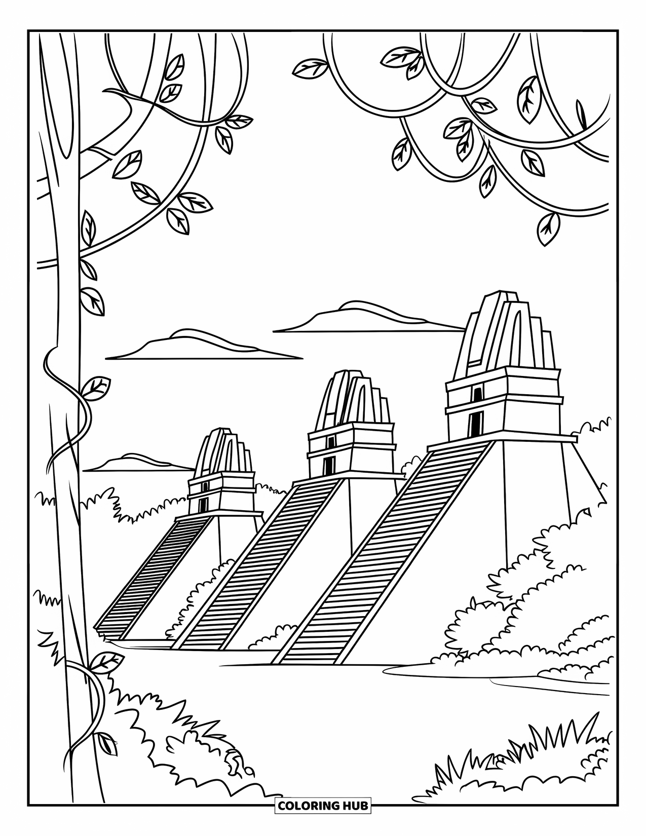 Guatemala Coloring Page for Kids: Mayan pyramids rise from lush jungle trees under open skies