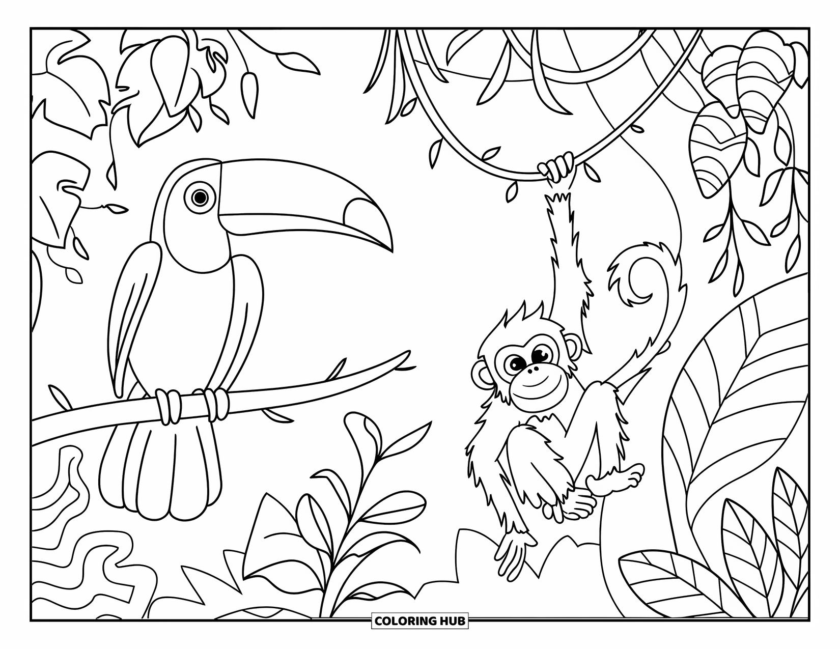 Guatemala Coloring Page for Kids: Monkey swings while a toucan perches in lush rainforest foliage