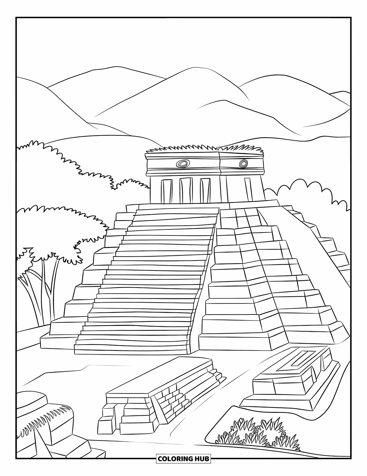 Guatemala Coloring Page for Kids: Pyramid temple with steps stands near water and mountains