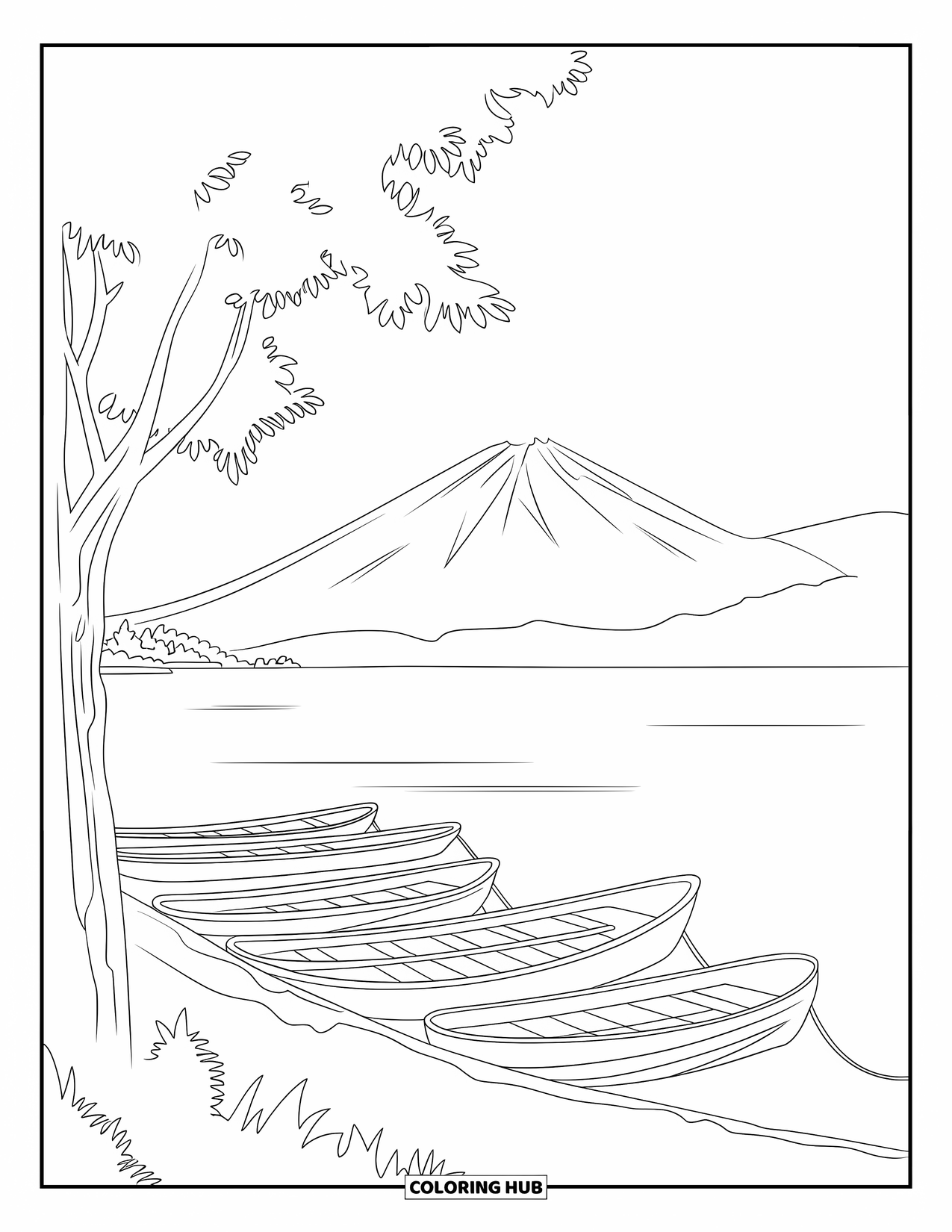 Guatemala Coloring Page for Kids: Quiet lakeside scene with boats and trees at Lake Atitlán