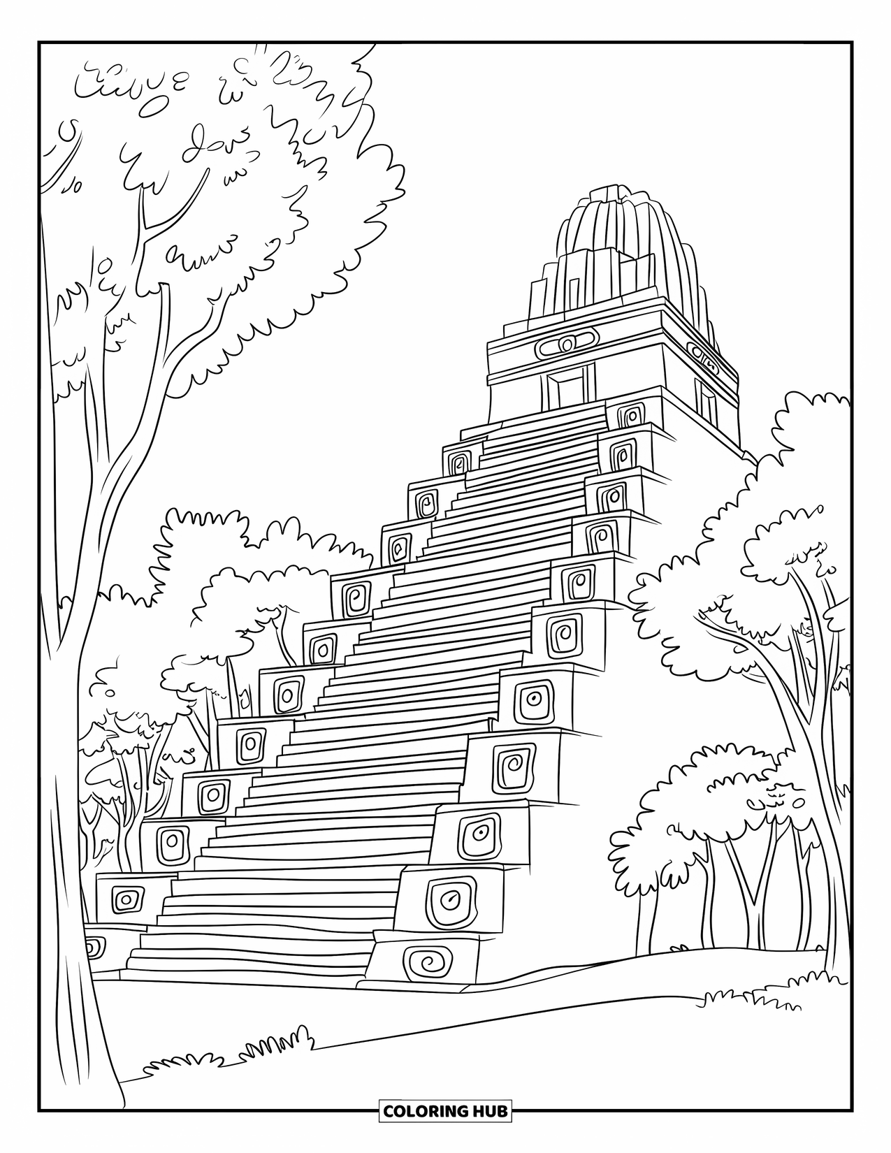 Guatemala Coloring Page for Kids: Stepped pyramid temple peeks through jungle trees