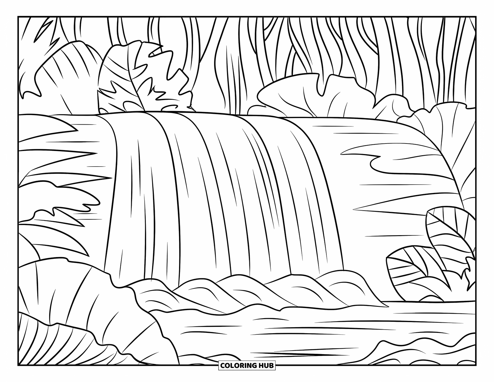 Guatemala Coloring Page for Kids: Tropical waterfall flows between bold jungle plants and trees