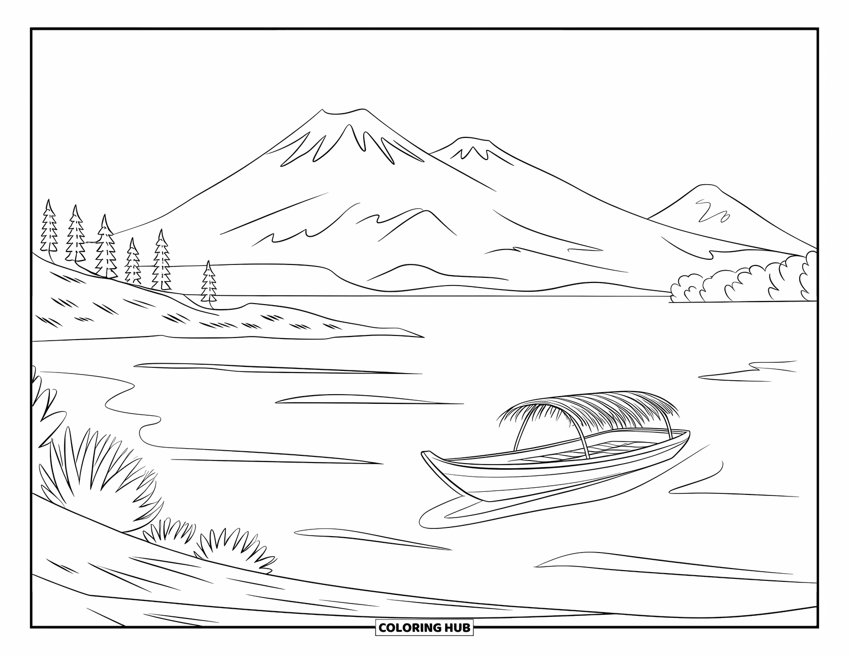 Guatemala Coloring Page for Kids: Volcanoes rise behind Lake Atitlán and a wooden boat