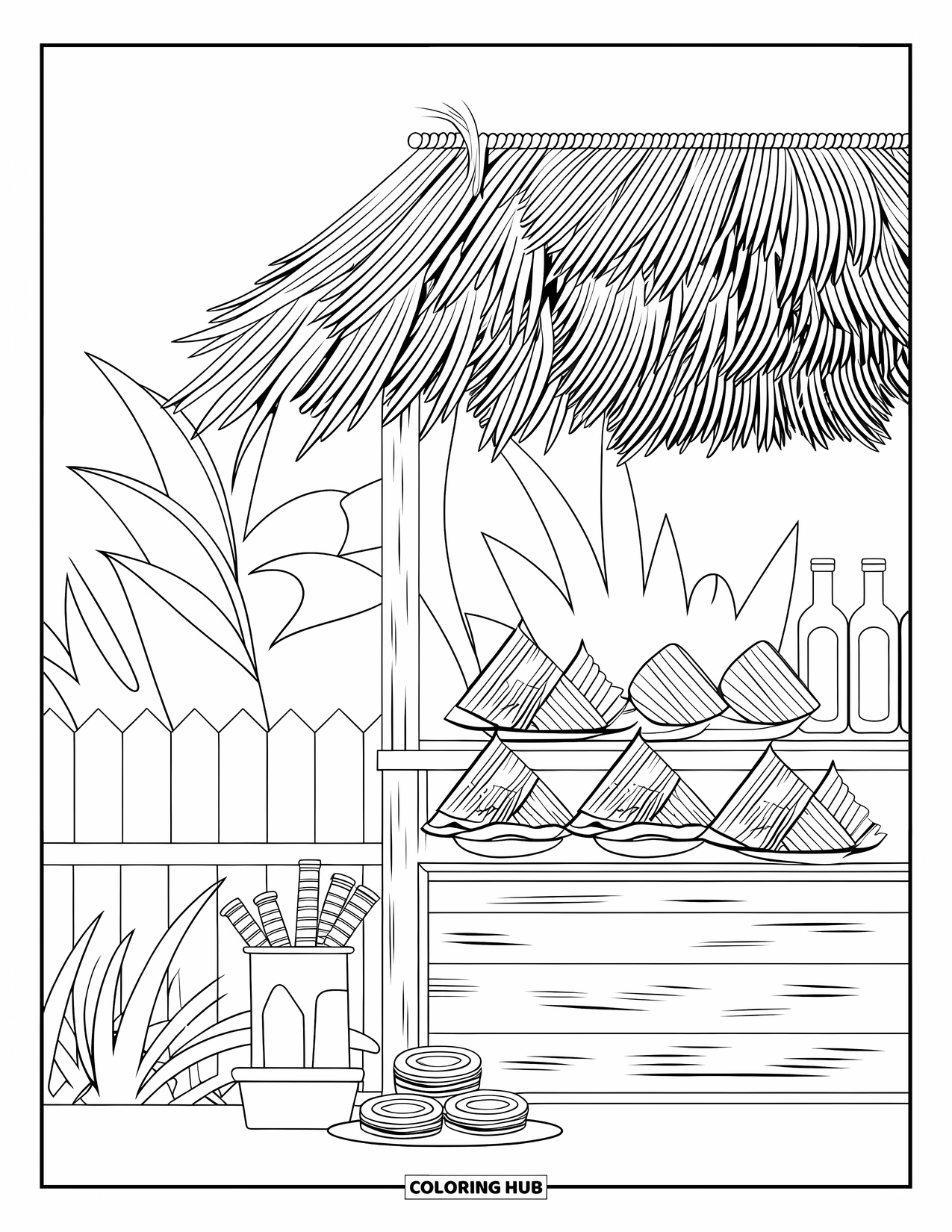 Guatemala Coloring Page for Kids: Wooden stall filled with tasty tamales, tortillas, and glass-bottled drinks