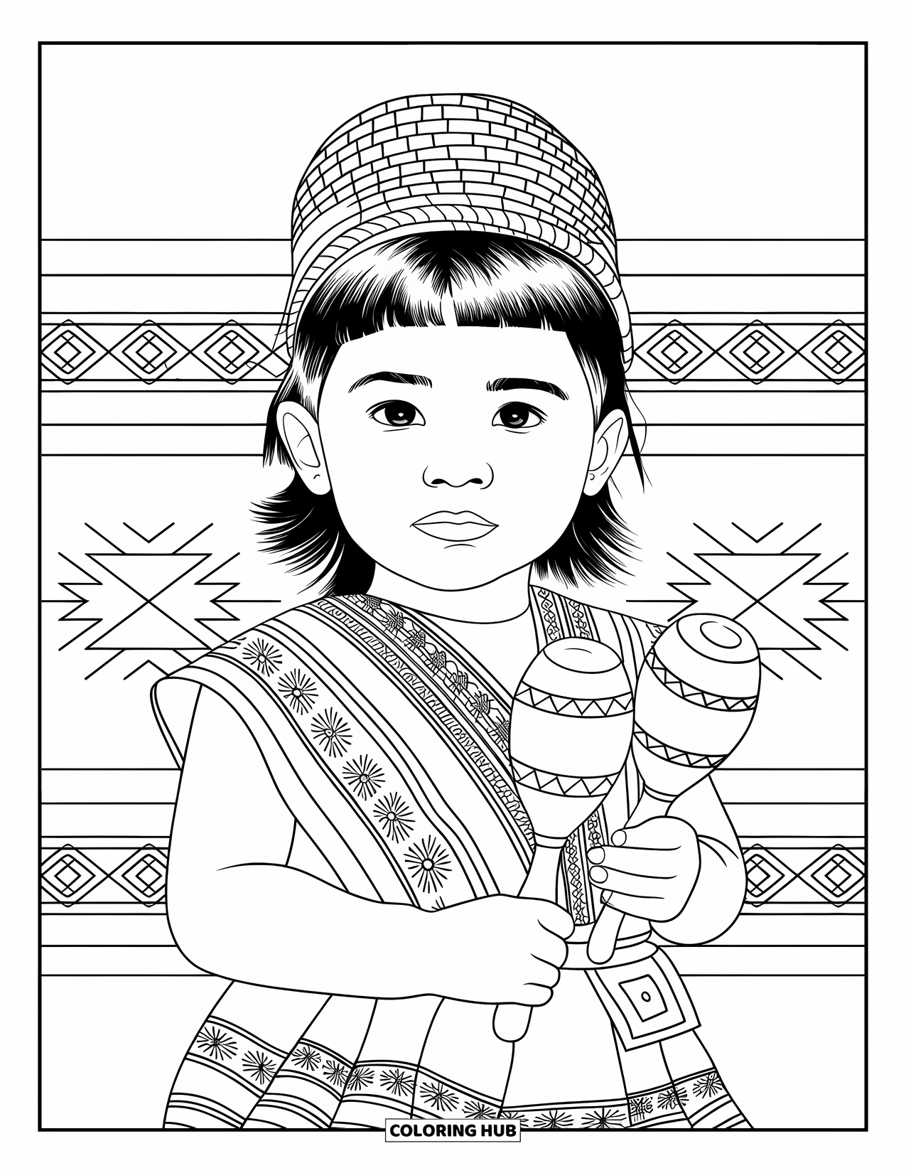 Guatemala Coloring Page for Kids: Young dancer in traditional clothes stands with maracas