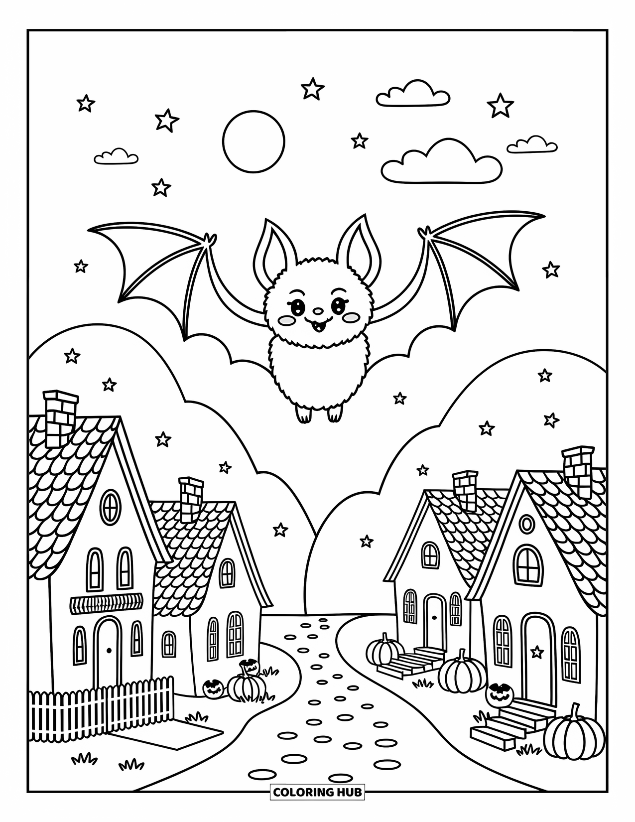 Halloween Bat Coloring Page for Adults: A bat flies past rooftops and pumpkins in a quiet Halloween village