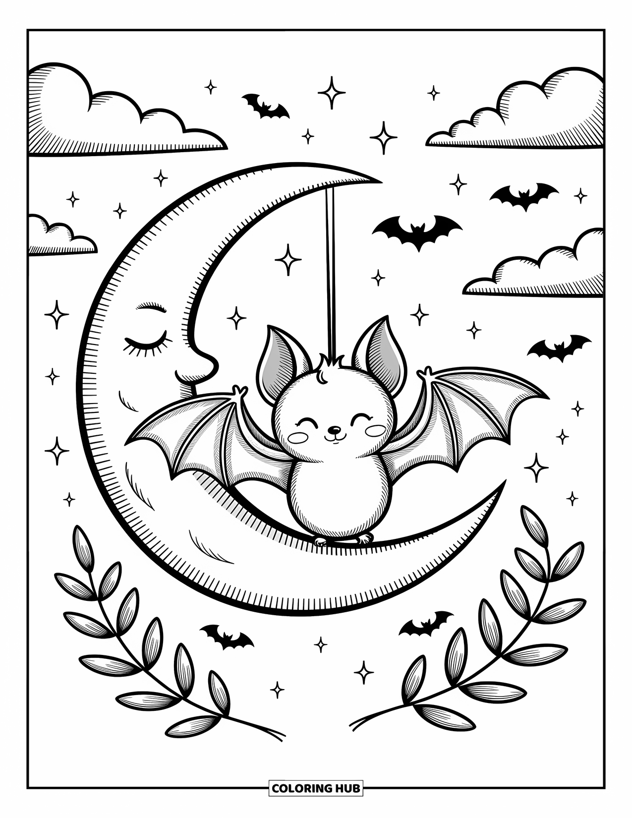 Halloween Bat Coloring Page for Adults: A bat gently hangs from the moon with sparkles, clouds, and floating leaves
