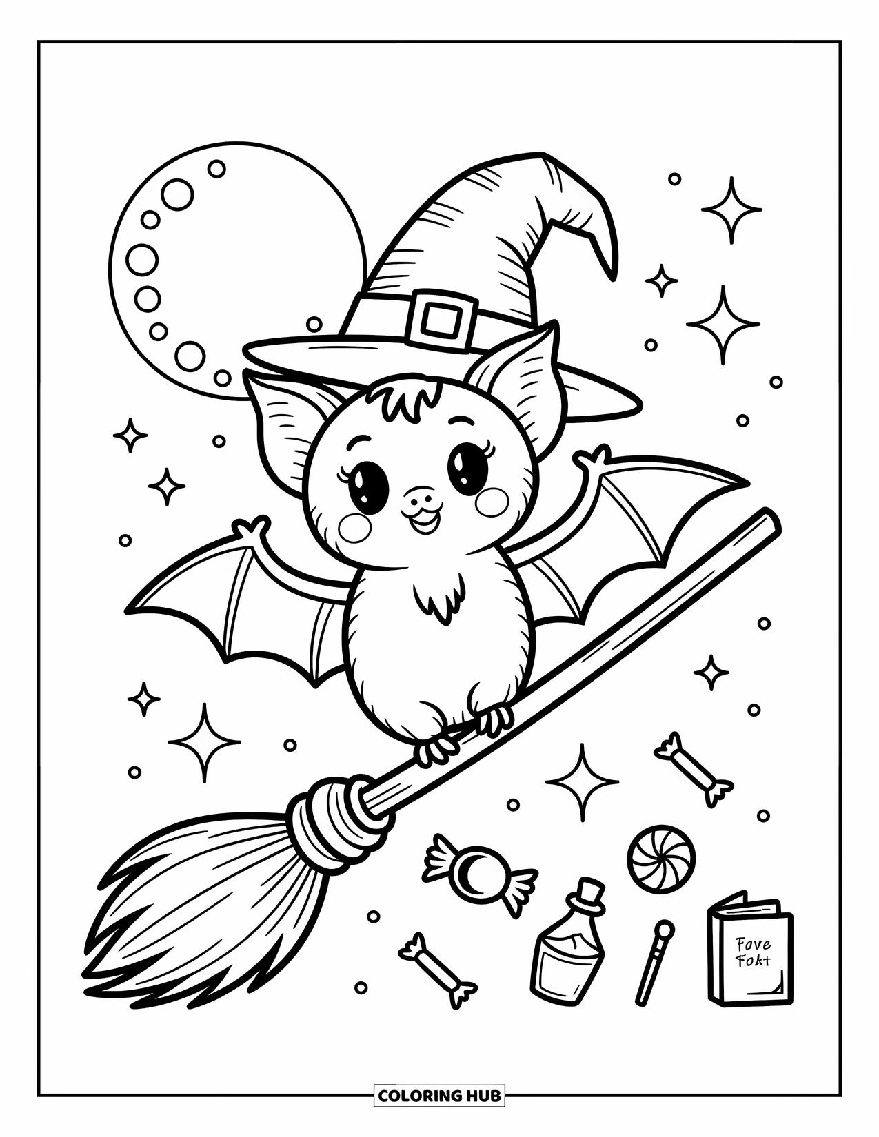 Halloween Bat Coloring Page for Adults: A bat in a witch hat glides by with magical trinkets floating nearby