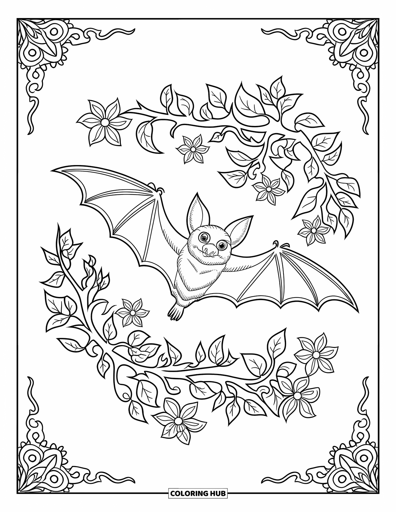 Halloween Bat Coloring Page for Adults: A bat in flight moves through detailed mandala vines and blossoms