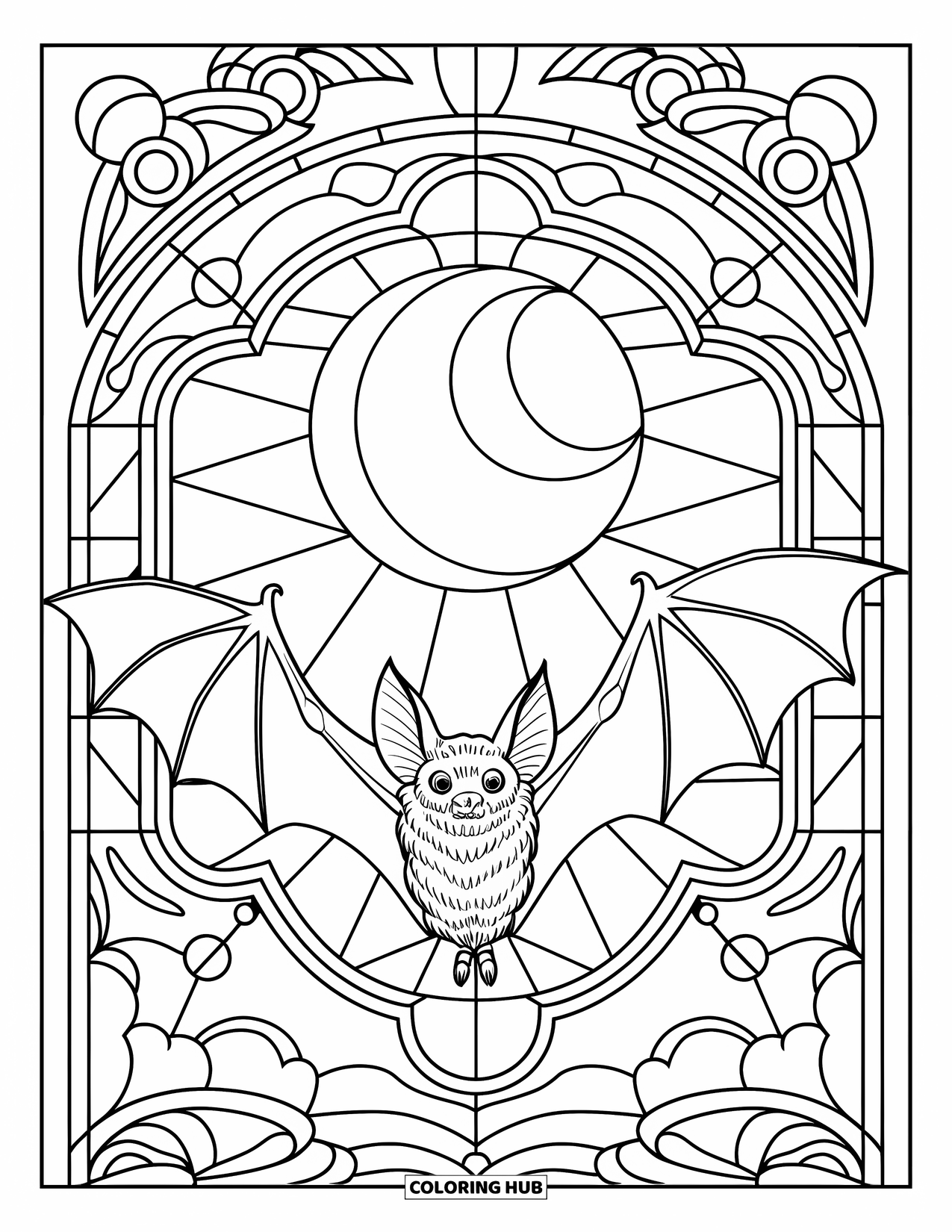 Halloween Bat Coloring Page for Adults: A bat soars before a stained glass full moon and intricate patterns