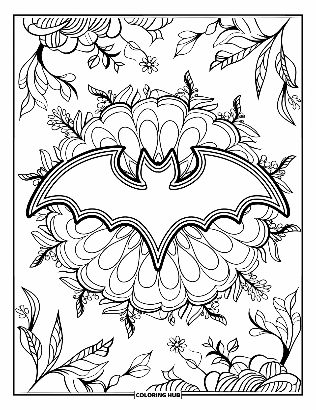 Halloween Bat Coloring Page for Adults: A gothic bat spreads wide wings within a floral mandala of leaves and vines