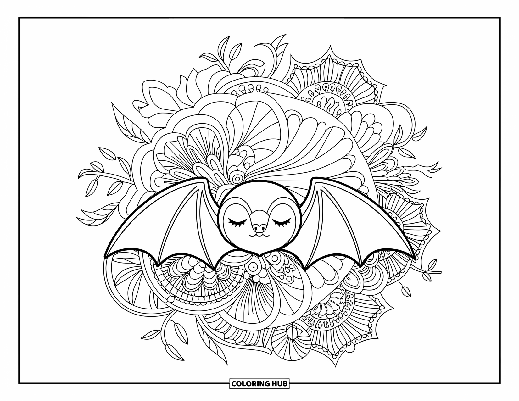 Halloween Bat Coloring Page for Adults: A sleeping bat lies among vines and detailed floral mandalas