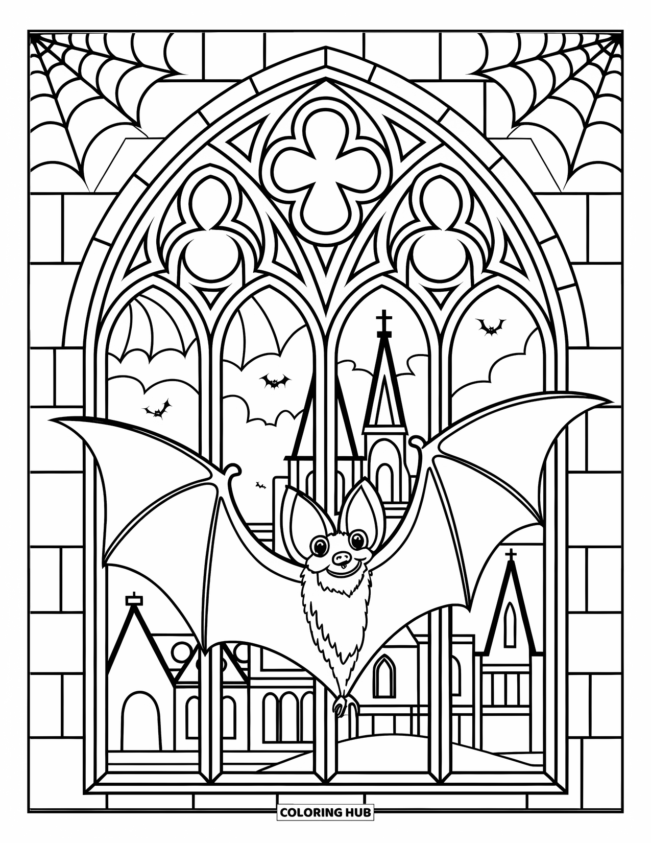 Halloween Bat Coloring Page for Kids: A bat circles a cathedral window filled with webs under a starry sky