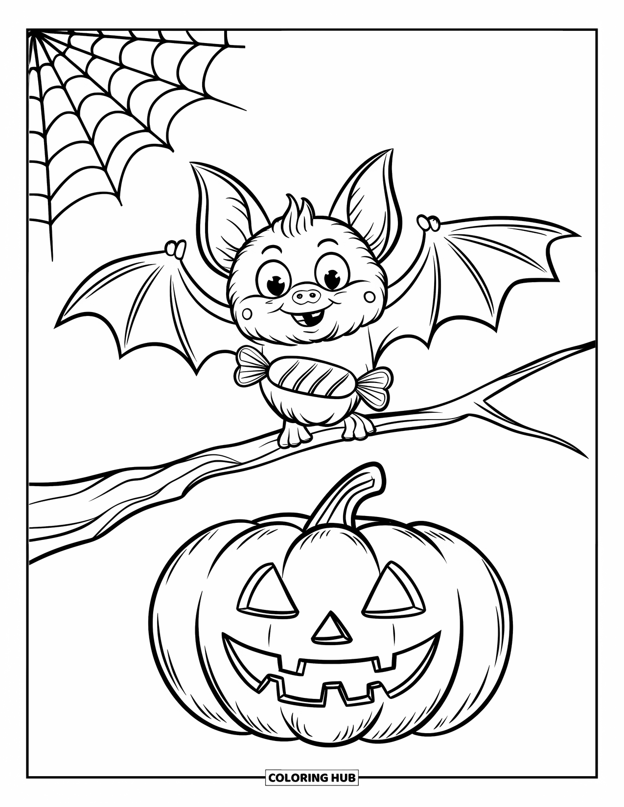 Halloween Bat Coloring Page for Kids: A bat clutches a candy near a grinning jack-o'-lantern and spider web