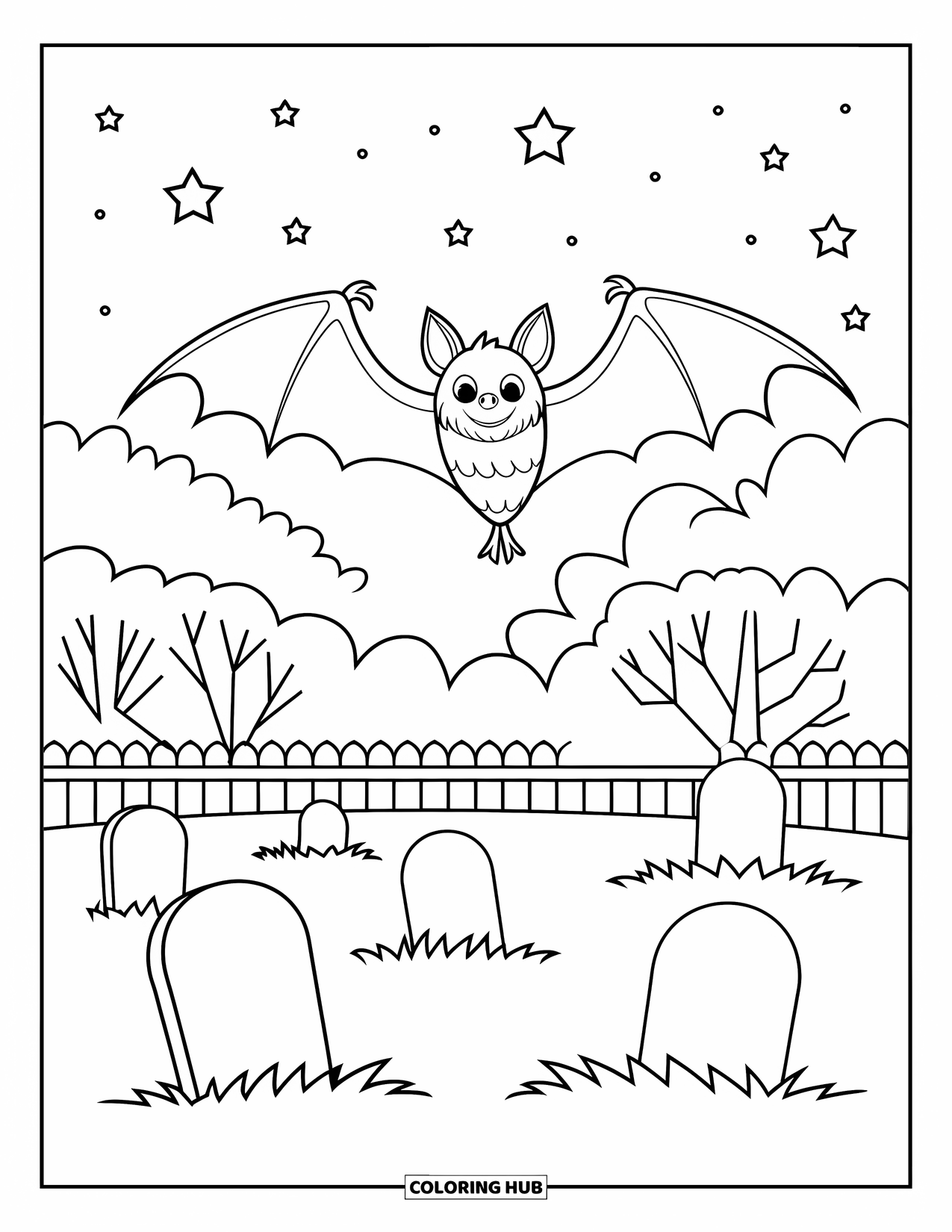 Halloween Bat Coloring Page for Kids: A bat flies above a fenced graveyard with glowing stars above
