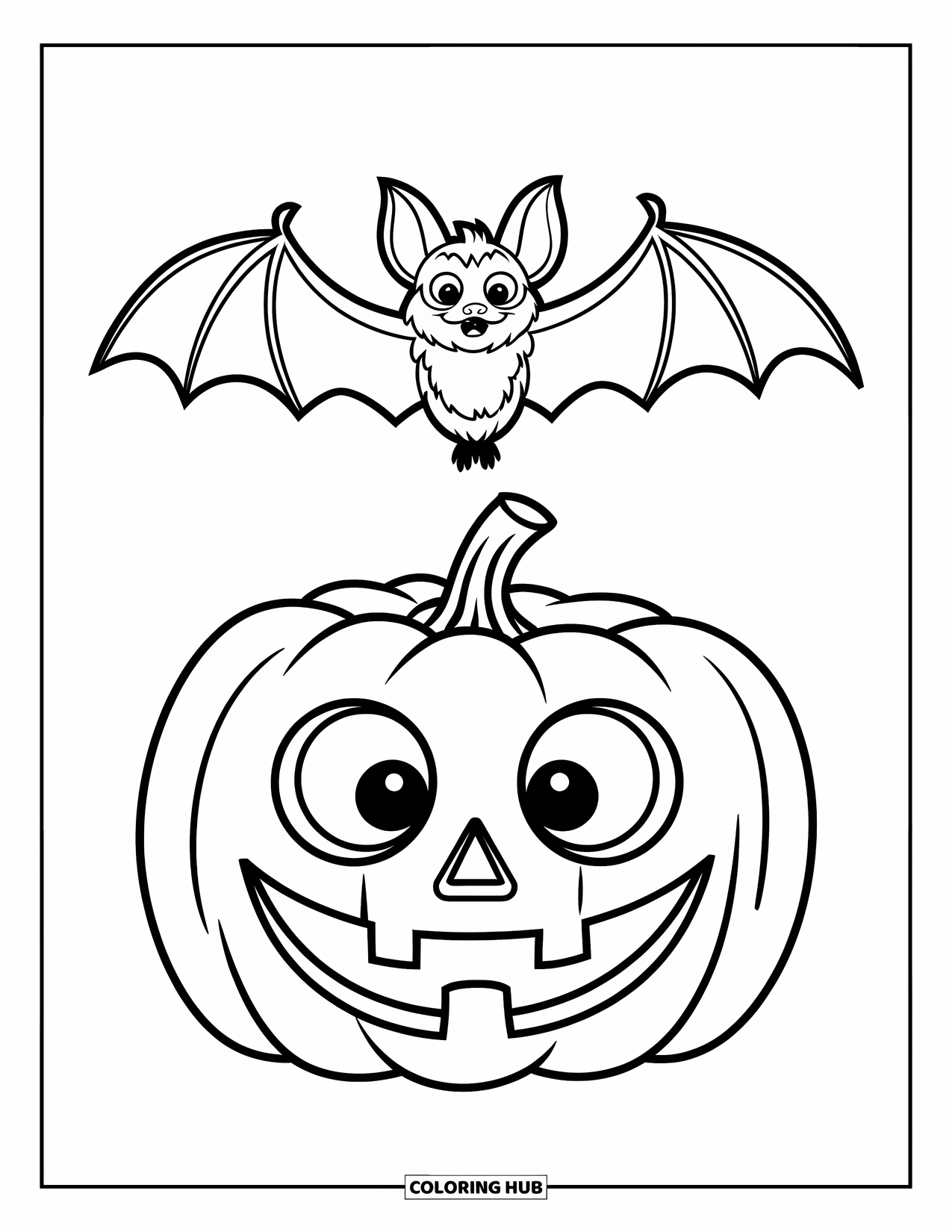 Halloween Bat Coloring Page for Kids: A bat flies above a smiling pumpkin on a dark Halloween night
