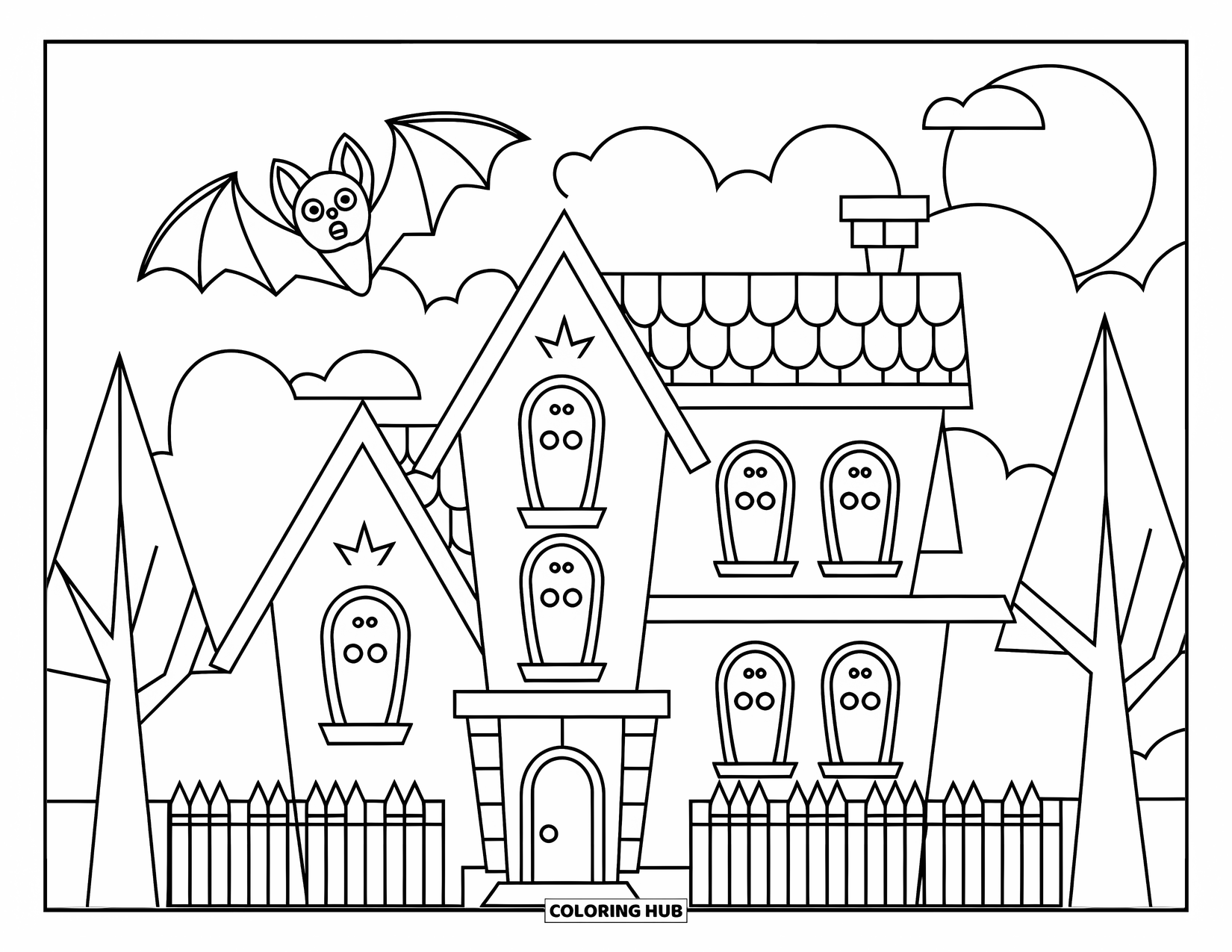 Halloween Bat Coloring Page for Kids: A bat flies past a haunted house and twisted trees on Halloween night
