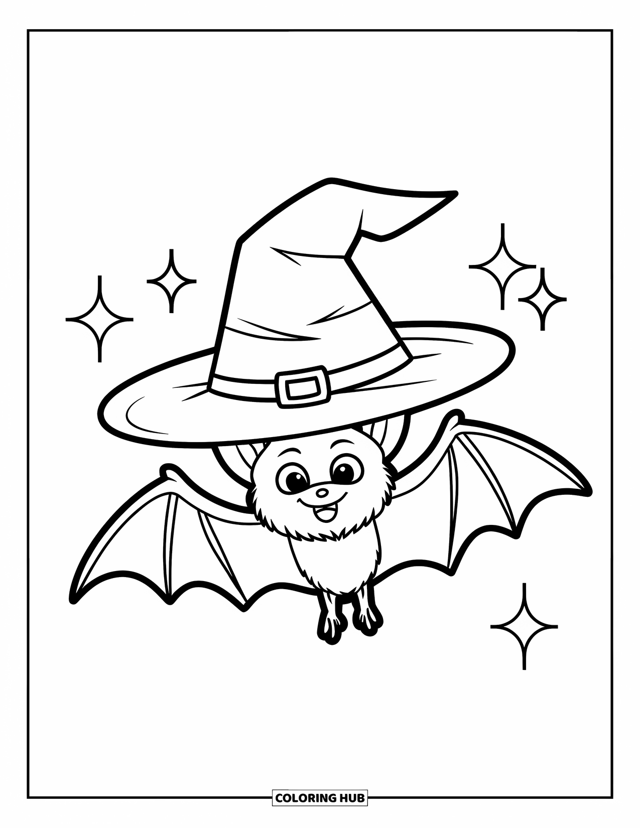 Halloween Bat Coloring Page for Kids: A bat holds a witch hat in its mouth while flying past sparkles