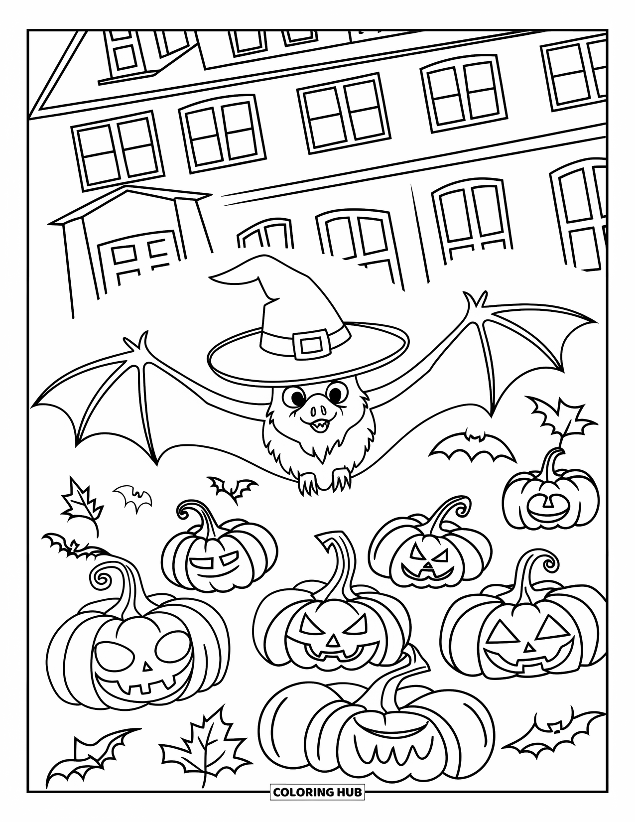 Halloween Bat Coloring Page for Kids: A bat in a witch hat flies above pumpkins and falling autumn leaves