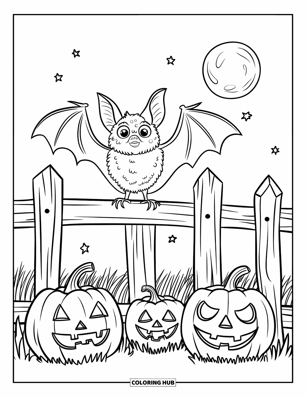 Halloween Bat Coloring Page for Kids: A bat perches above pumpkins in tall grass under a starry night