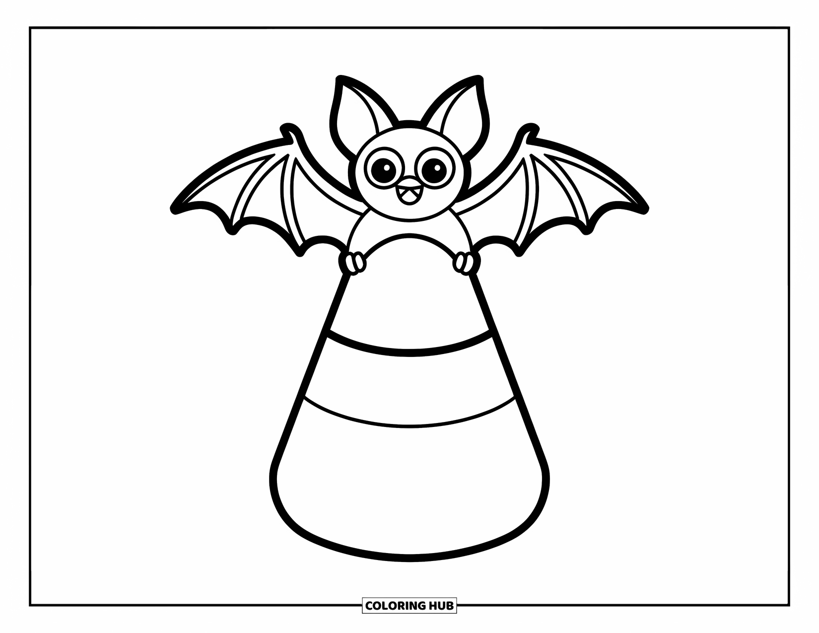Halloween Bat Coloring Page for Kids: A bat perches on a giant candy corn with wide wings open