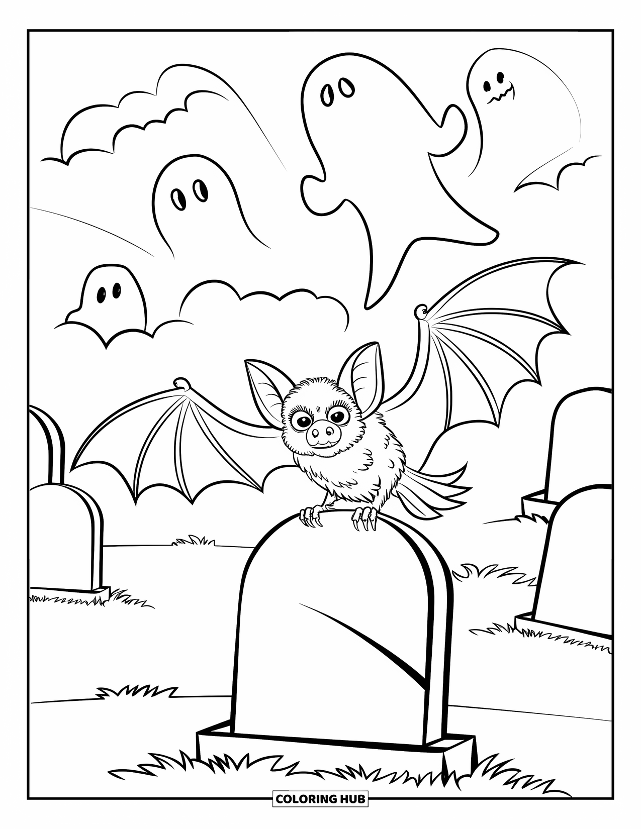 Halloween Bat Coloring Page for Kids: A bat perches on a tombstone surrounded by ghosts and gravestones
