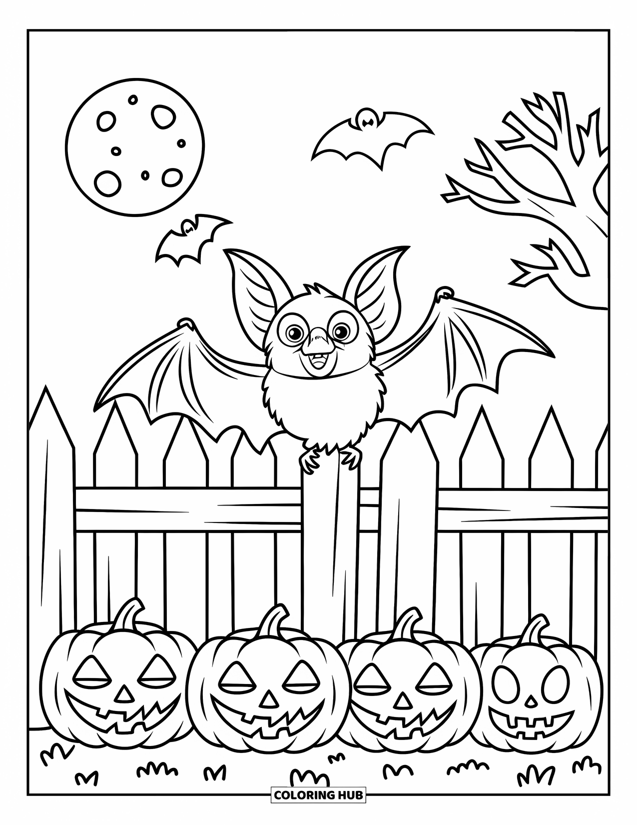 Halloween Bat Coloring Page for Kids: A bat rests on a crooked fence above carved pumpkins and a full moon