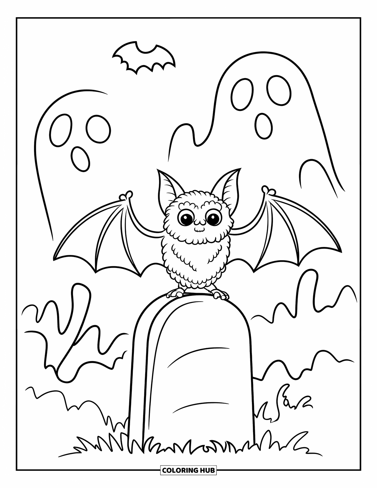 Halloween Bat Coloring Page for Kids: A bat rests on a tombstone with ghostly shapes behind it