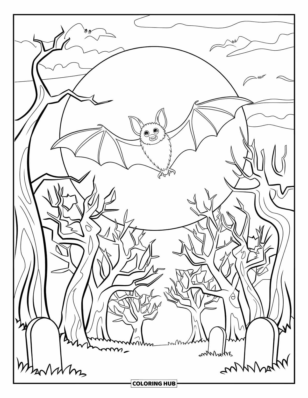 Halloween Bat Coloring Page for Kids: A bat soars across the full moon above a haunted forest and tombstones