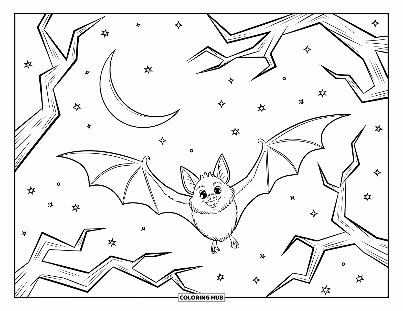 Halloween Bat Coloring Page for Kids: A bat swoops through twisted branches under a crescent moon and starry sky