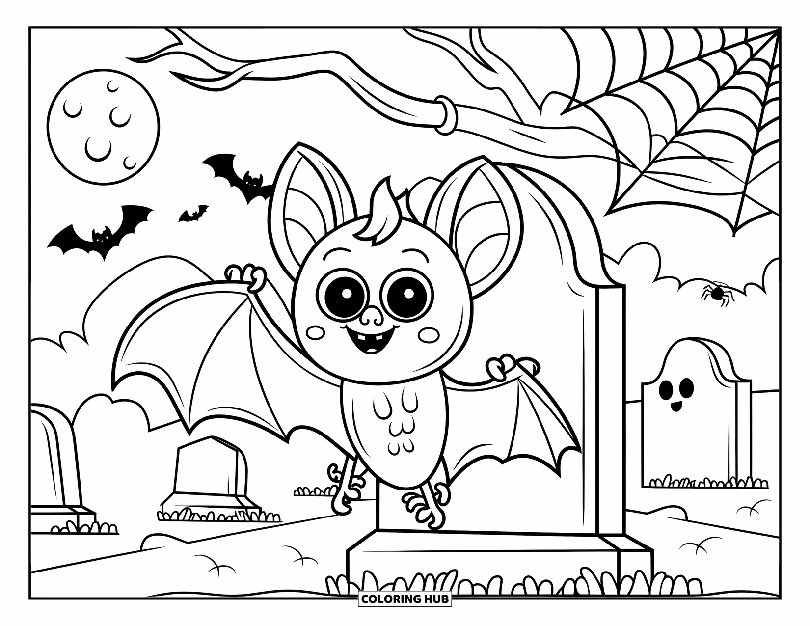 Halloween Bat Coloring Page for Kids: A bat with a smile hangs near gravestones and spooky shapes