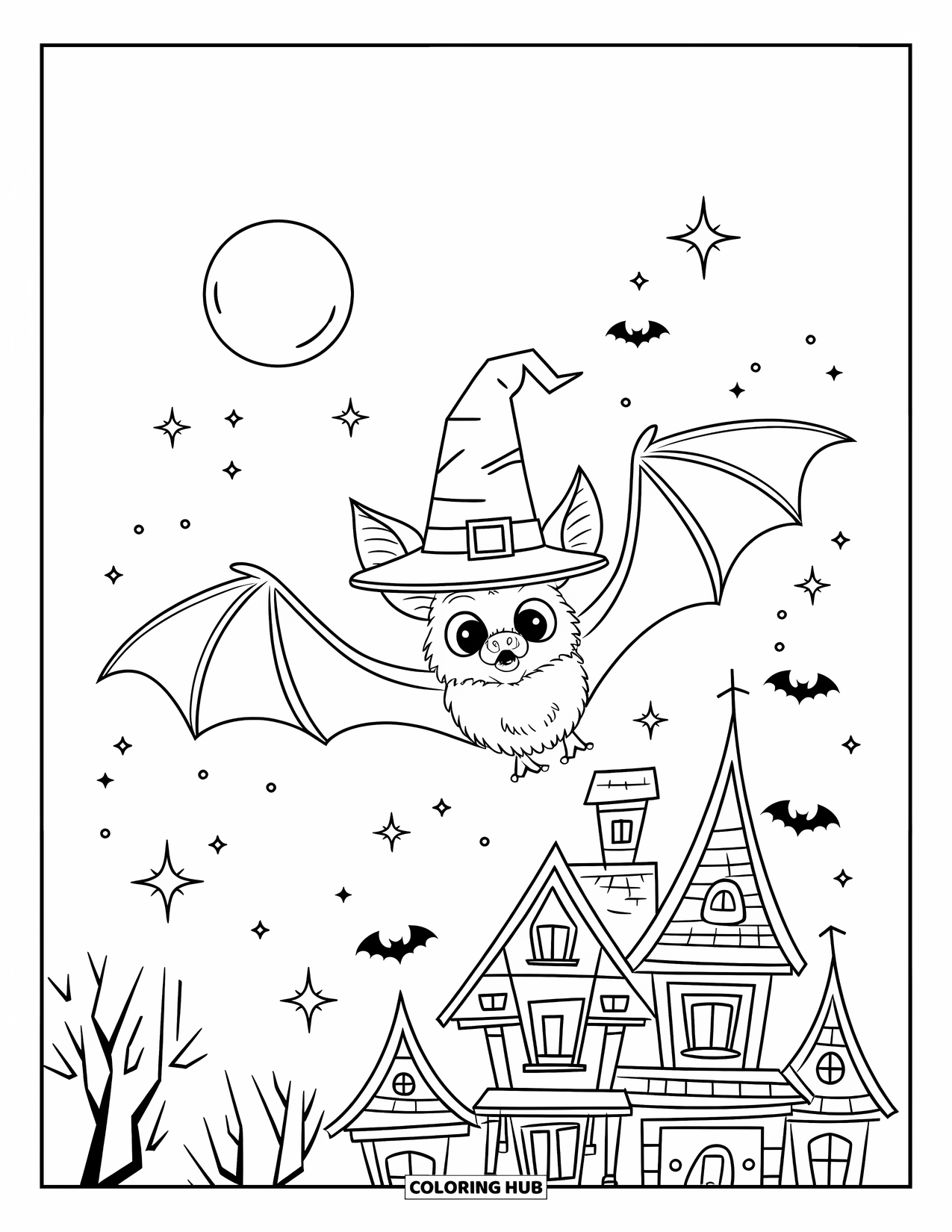 Halloween Bat Coloring Page for Kids: A bat with a witch hat flies above a haunted house